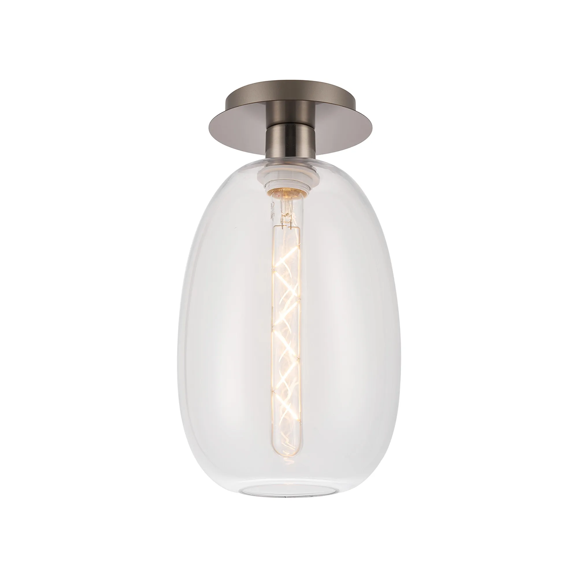 DK1414  Lori 15cm Round Ceiling Flush, 1 Light Flush Fitting E27, Satin Nickel/Clear Slim Curved Trapezium Shades